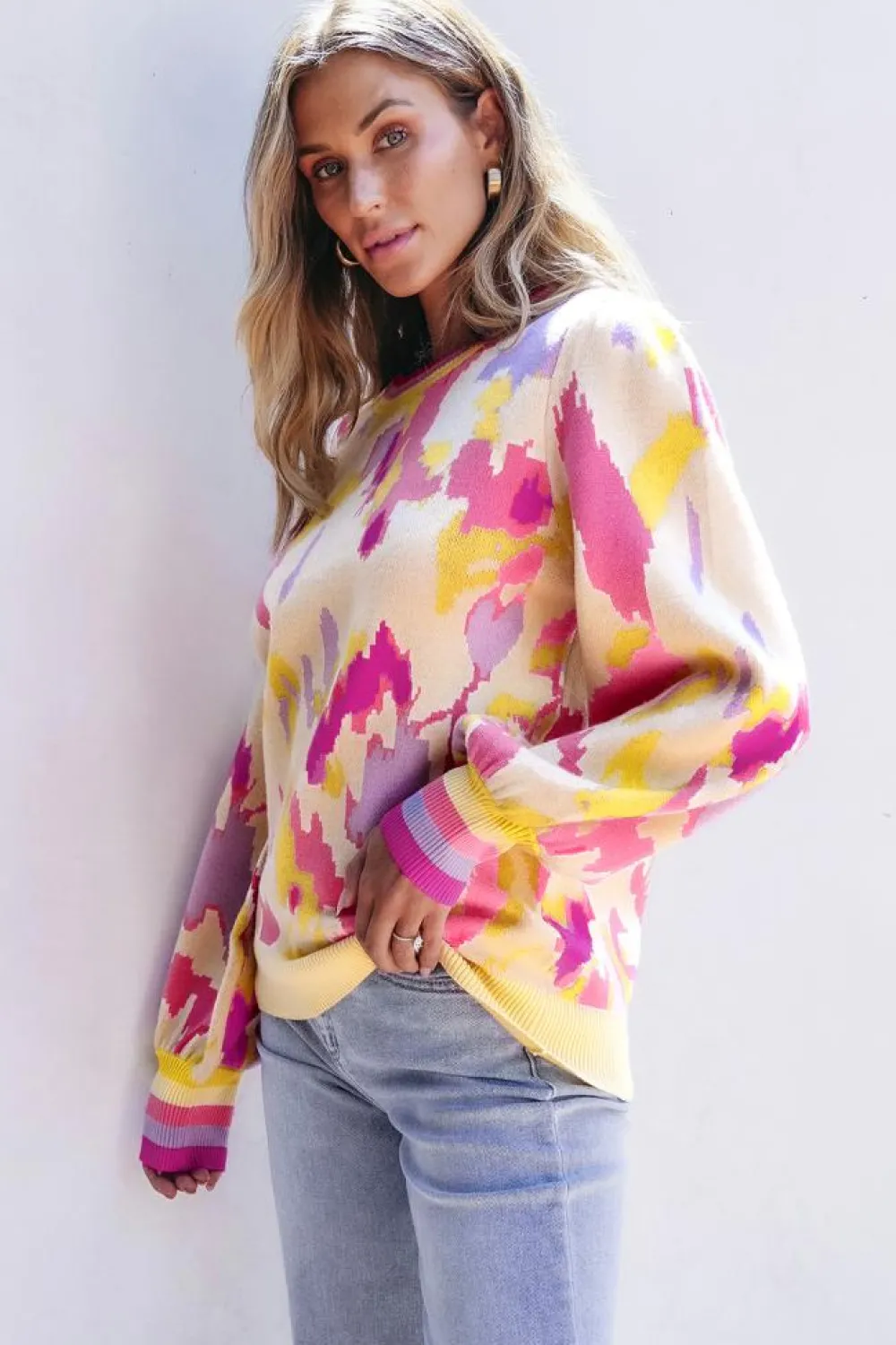 Best Dear-Lover Abstract Print Colorblock Balloon Sleeve Sweater Khaki