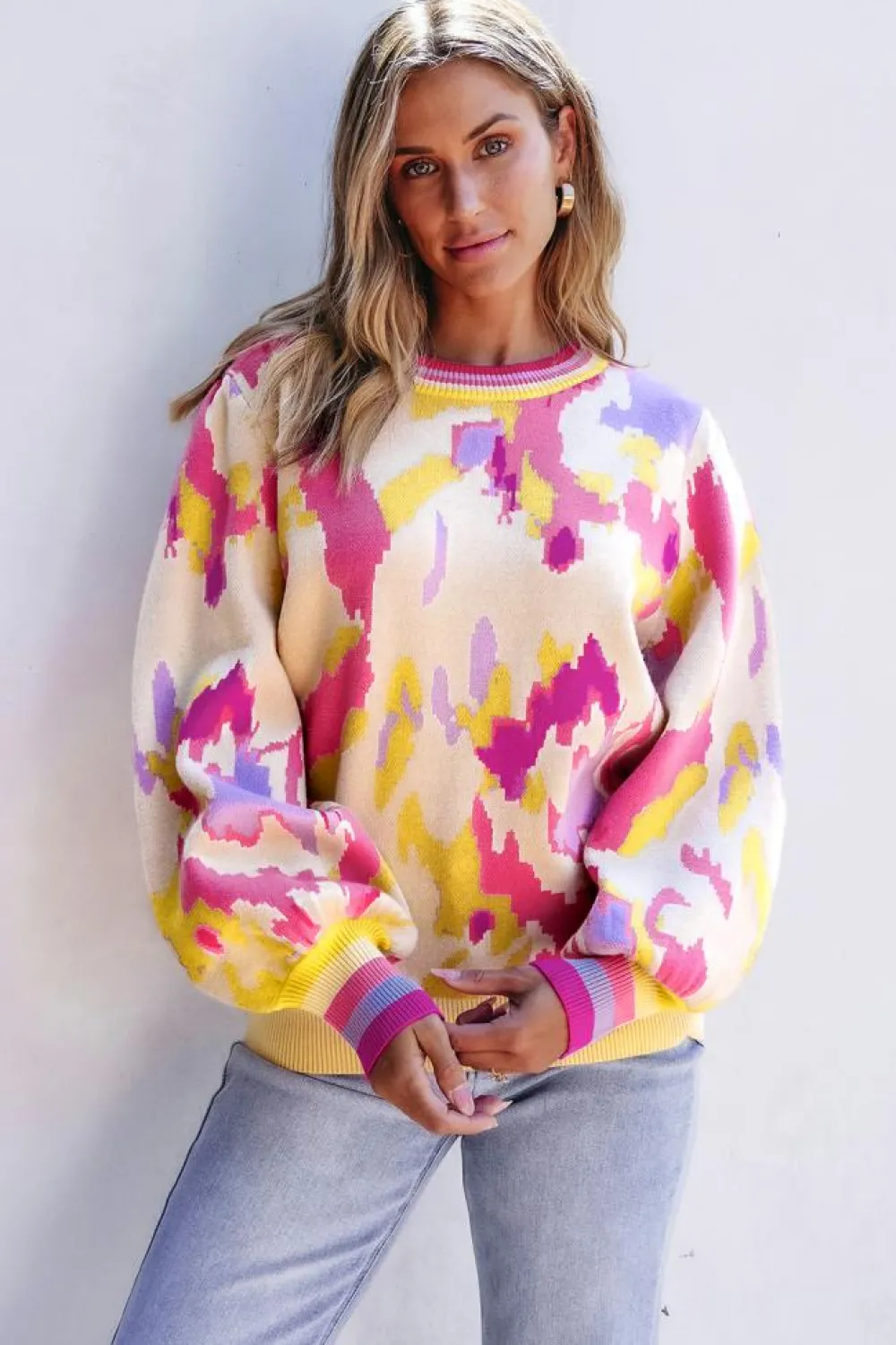 Best Dear-Lover Abstract Print Colorblock Balloon Sleeve Sweater Khaki