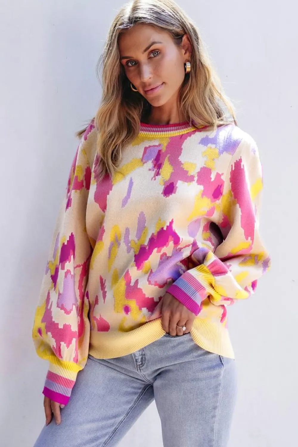 Best Dear-Lover Abstract Print Colorblock Balloon Sleeve Sweater Khaki