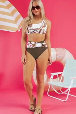 Clearance Dear-Lover Abstract Print One Shoulder Ring Linked High Waist Bikini Khaki