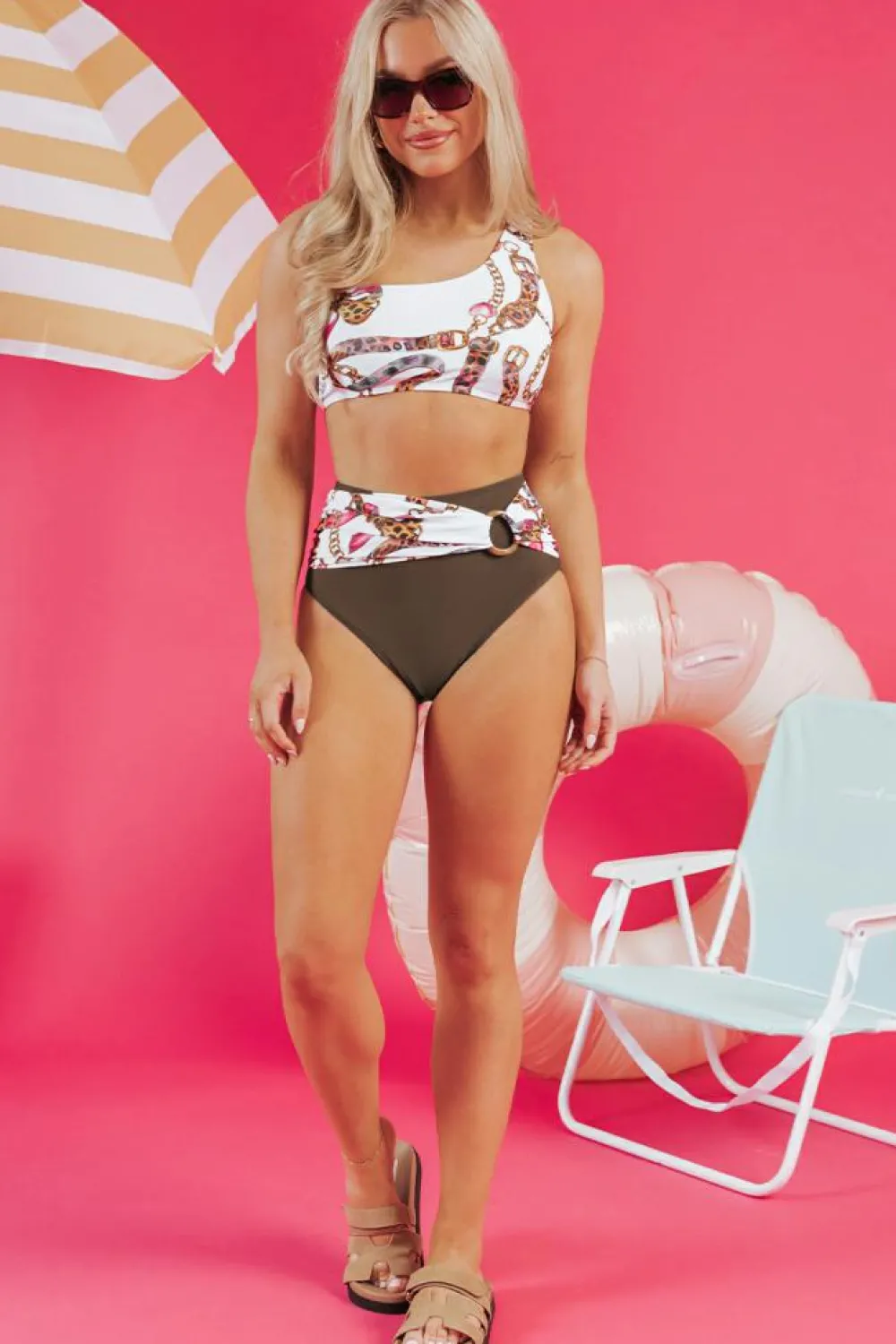 Clearance Dear-Lover Abstract Print One Shoulder Ring Linked High Waist Bikini Khaki