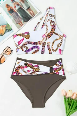 Clearance Dear-Lover Abstract Print One Shoulder Ring Linked High Waist Bikini Khaki