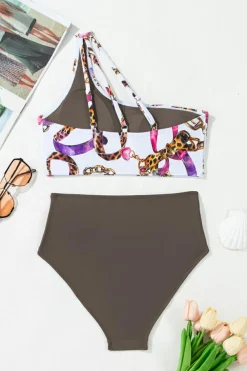 Clearance Dear-Lover Abstract Print One Shoulder Ring Linked High Waist Bikini Khaki