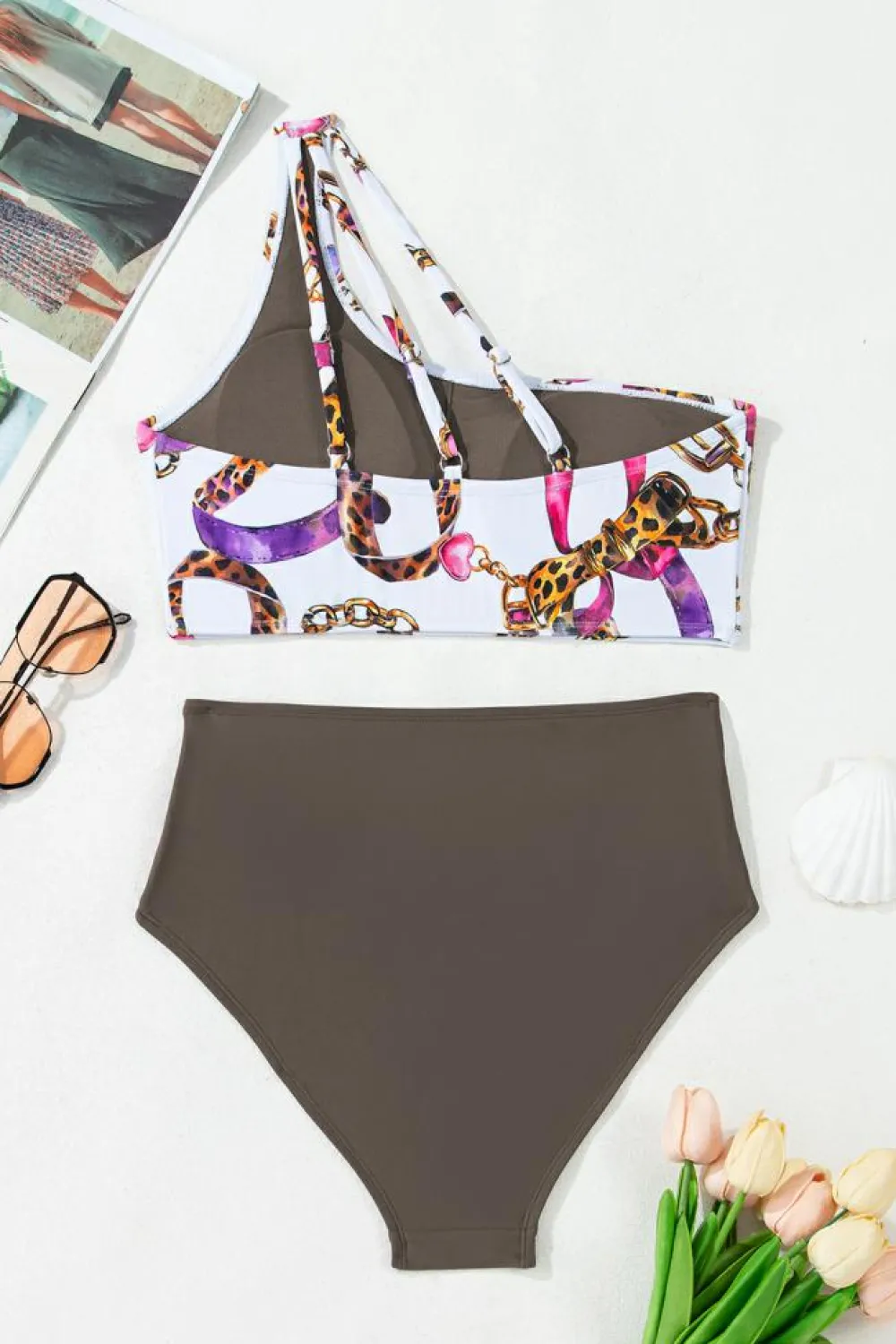 Clearance Dear-Lover Abstract Print One Shoulder Ring Linked High Waist Bikini Khaki