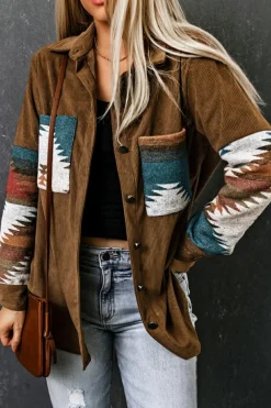Hot Dear-Lover Aztec Pattern Corduroy Shacket Khaki