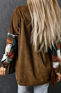 Hot Dear-Lover Aztec Pattern Corduroy Shacket Khaki
