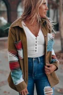 Hot Dear-Lover Aztec Pattern Corduroy Shacket Khaki