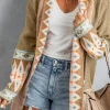 New Dear-Lover Aztec Print Open Front Knitted Cardigan Khaki