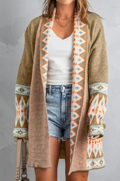 New Dear-Lover Aztec Print Open Front Knitted Cardigan Khaki