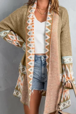 New Dear-Lover Aztec Print Open Front Knitted Cardigan Khaki