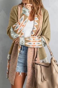 New Dear-Lover Aztec Print Open Front Knitted Cardigan Khaki