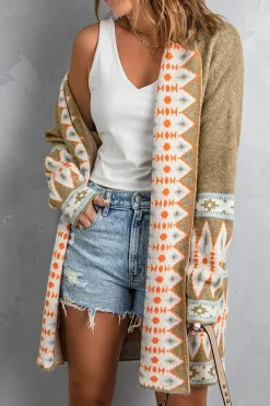 New Dear-Lover Aztec Print Open Front Knitted Cardigan Khaki