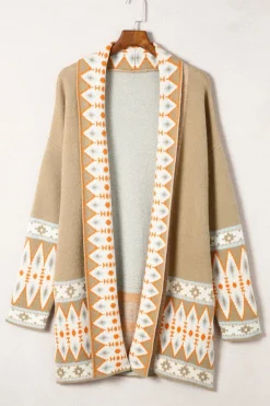 New Dear-Lover Aztec Print Open Front Knitted Cardigan Khaki