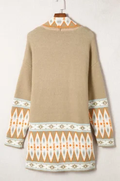 New Dear-Lover Aztec Print Open Front Knitted Cardigan Khaki