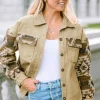 New Dear-Lover Aztec Print Patchwork Frayed Edge Corduroy Jacket Khaki