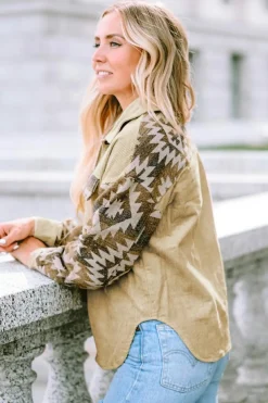 New Dear-Lover Aztec Print Patchwork Frayed Edge Corduroy Jacket Khaki