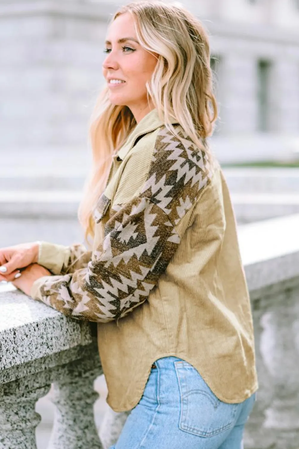 New Dear-Lover Aztec Print Patchwork Frayed Edge Corduroy Jacket Khaki
