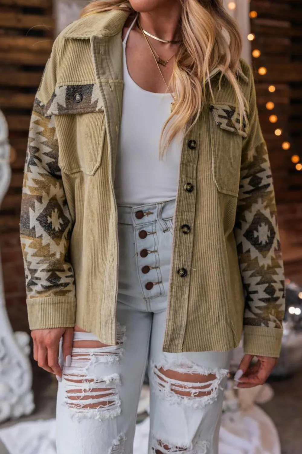 New Dear-Lover Aztec Print Patchwork Frayed Edge Corduroy Jacket Khaki