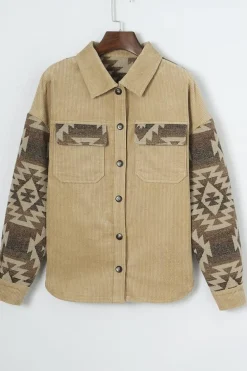 New Dear-Lover Aztec Print Patchwork Frayed Edge Corduroy Jacket Khaki