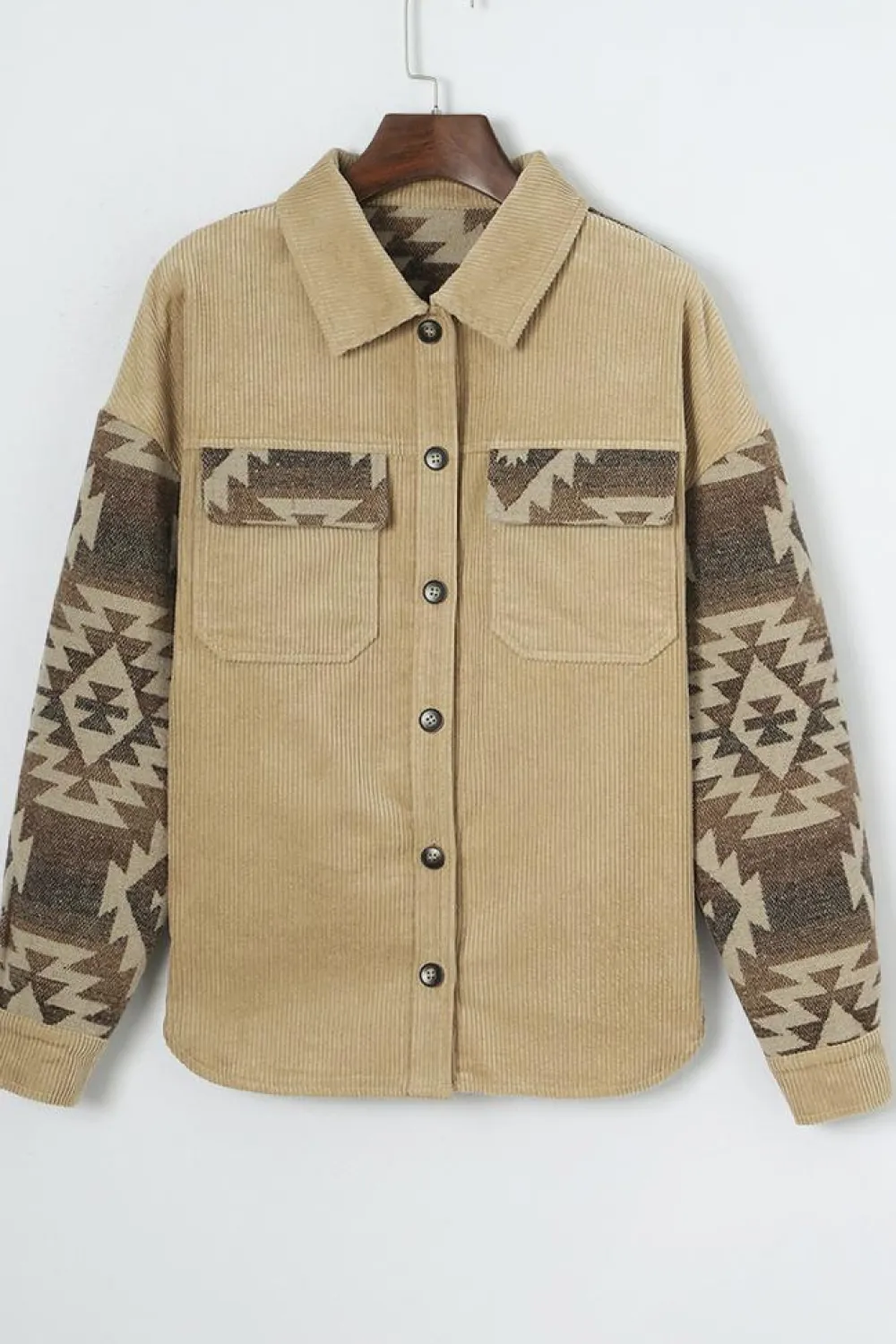 New Dear-Lover Aztec Print Patchwork Frayed Edge Corduroy Jacket Khaki
