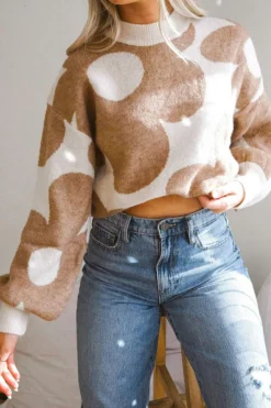 Hot Dear-Lover Big Flower Pattern Drop Shoulder Sweater Khaki
