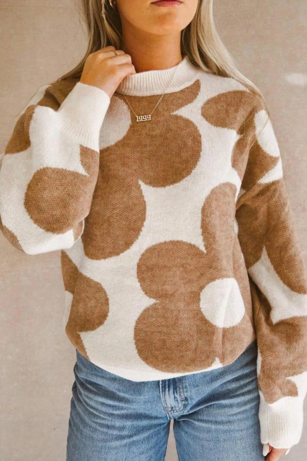 Hot Dear-Lover Big Flower Pattern Drop Shoulder Sweater Khaki