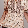 Online Dear-Lover Boho Floral Print Half Placket Short Sleeve Loose Blouse Khaki