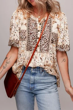 Online Dear-Lover Boho Floral Print Half Placket Short Sleeve Loose Blouse Khaki