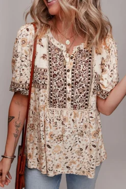 Online Dear-Lover Boho Floral Print Half Placket Short Sleeve Loose Blouse Khaki