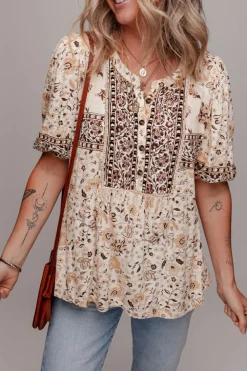Online Dear-Lover Boho Floral Print Half Placket Short Sleeve Loose Blouse Khaki