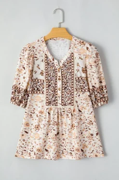 Online Dear-Lover Boho Floral Print Half Placket Short Sleeve Loose Blouse Khaki