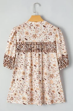 Online Dear-Lover Boho Floral Print Half Placket Short Sleeve Loose Blouse Khaki