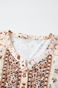 Online Dear-Lover Boho Floral Print Half Placket Short Sleeve Loose Blouse Khaki