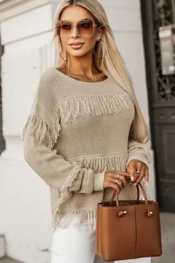 Fashion Dear-Lover Boho Tasseled Knitted Sweater Khaki