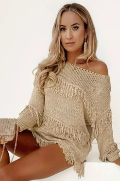 Fashion Dear-Lover Boho Tasseled Knitted Sweater Khaki