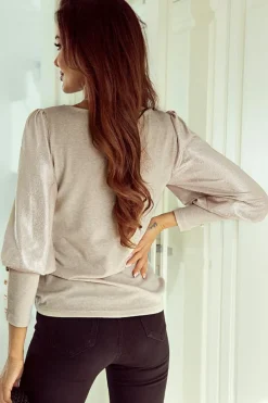Clearance Dear-Lover Buttoned Cuffs Shiny Puff Sleeves Top Khaki