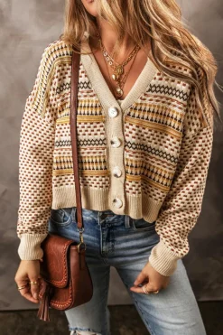Discount Dear-Lover Buttoned V Neck Cropped Cardigan Khaki