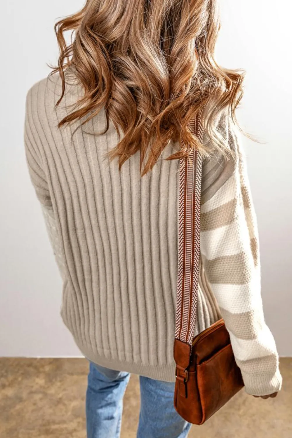 Best Dear-Lover Cable Knit Colorblock Crew Neck Drop Shoulder Sweater Khaki
