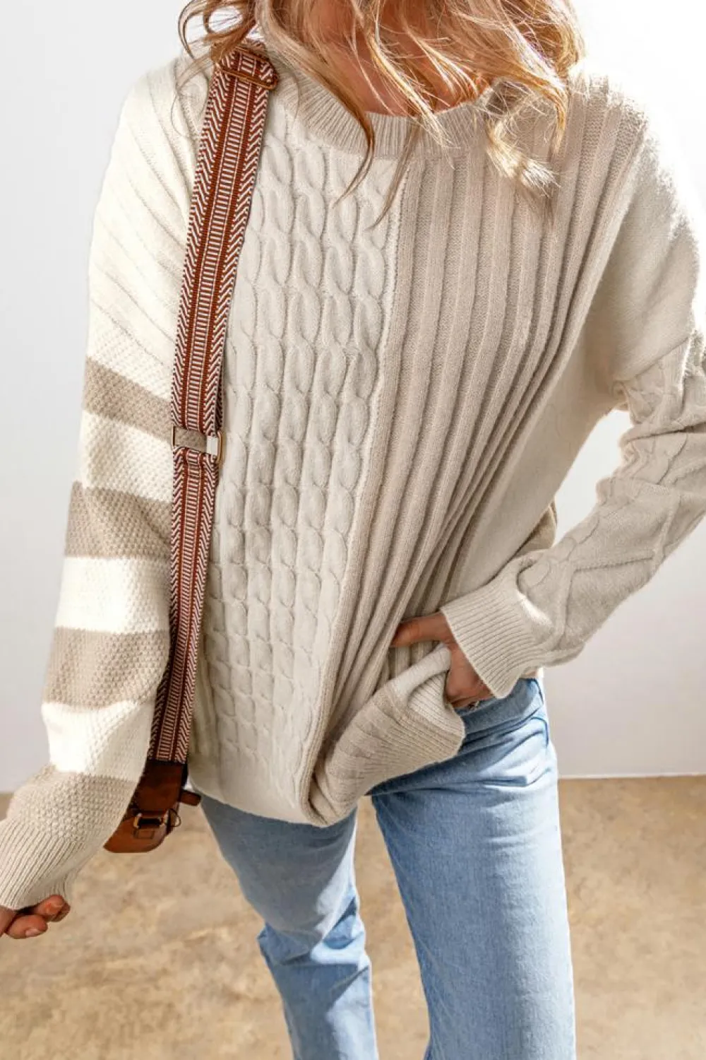 Best Dear-Lover Cable Knit Colorblock Crew Neck Drop Shoulder Sweater Khaki