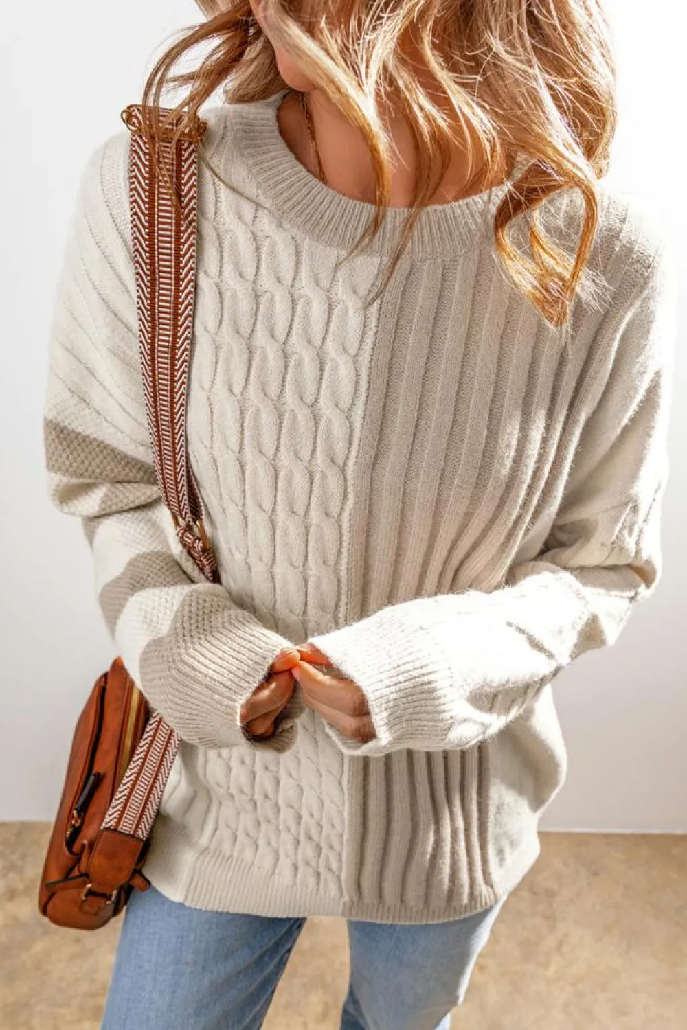 Best Dear-Lover Cable Knit Colorblock Crew Neck Drop Shoulder Sweater Khaki