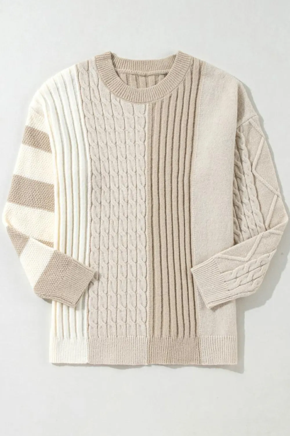 Best Dear-Lover Cable Knit Colorblock Crew Neck Drop Shoulder Sweater Khaki