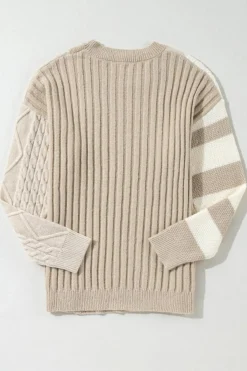 Best Dear-Lover Cable Knit Colorblock Crew Neck Drop Shoulder Sweater Khaki
