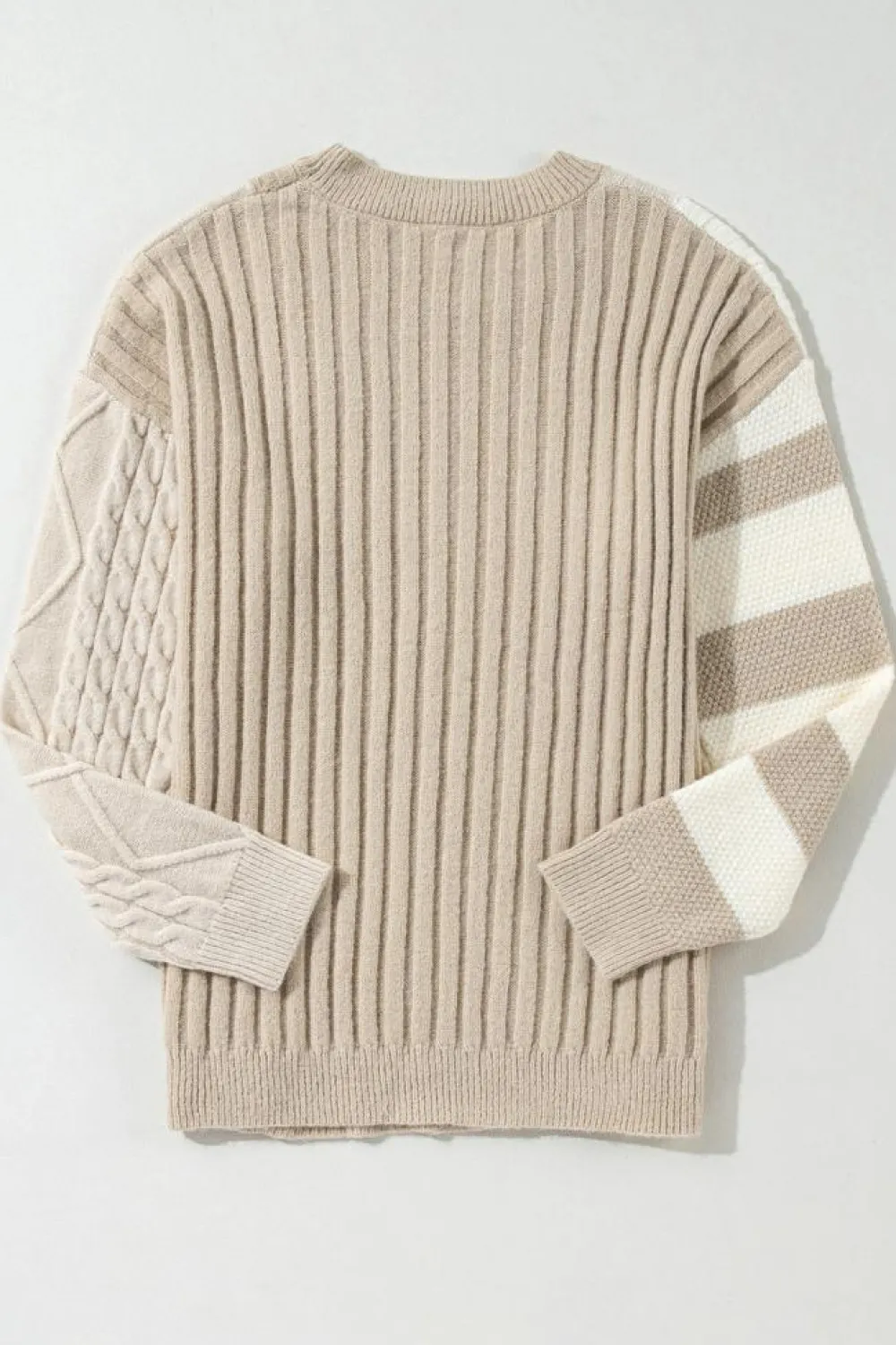 Best Dear-Lover Cable Knit Colorblock Crew Neck Drop Shoulder Sweater Khaki