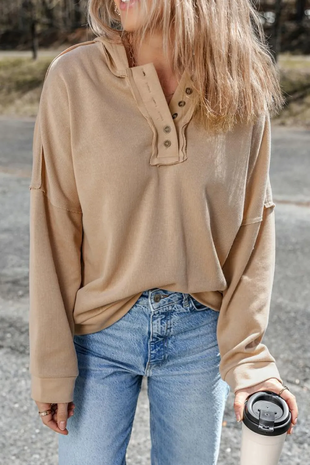 Online Dear-Lover Casual Button Solid Patchwork Trim Hoodie Khaki