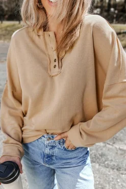 Online Dear-Lover Casual Button Solid Patchwork Trim Hoodie Khaki