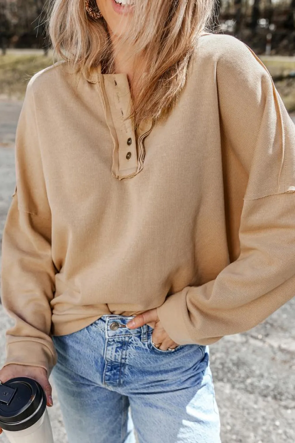 Online Dear-Lover Casual Button Solid Patchwork Trim Hoodie Khaki