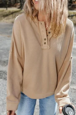 Online Dear-Lover Casual Button Solid Patchwork Trim Hoodie Khaki