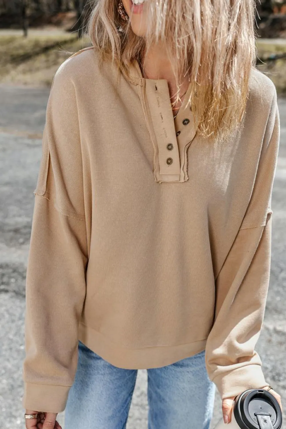 Online Dear-Lover Casual Button Solid Patchwork Trim Hoodie Khaki
