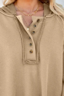 Online Dear-Lover Casual Button Solid Patchwork Trim Hoodie Khaki