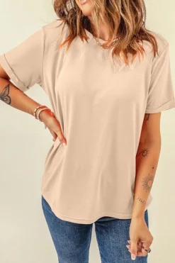 Sale Dear-Lover Casual Plain Crew Neck Tee Khaki